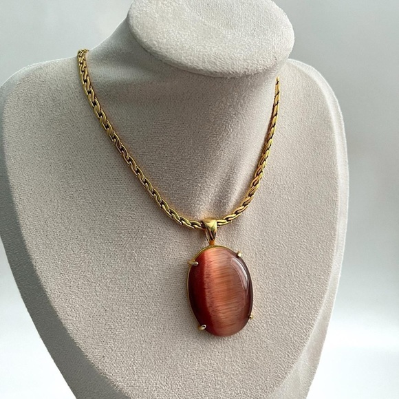 Vintage Chunky Gold Cats Eye Pendant Choker Necklace - Picture 7 of 9